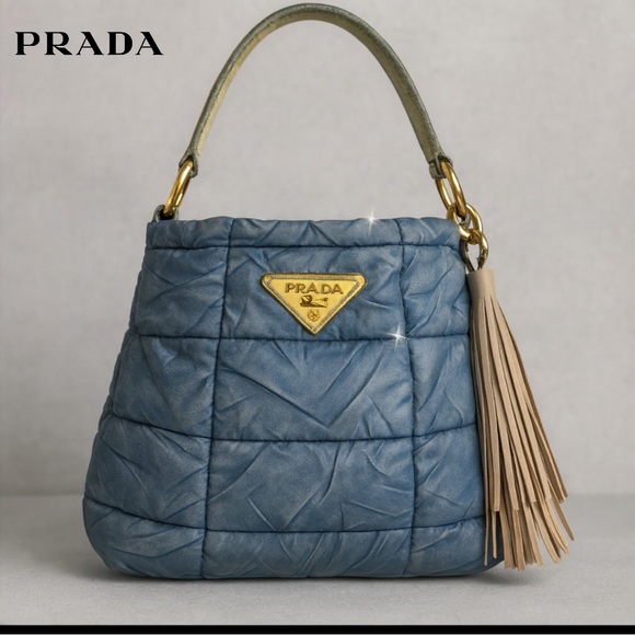 AUTHENTIC PRADA NYLON PUFFY DISTRESSED DENIM LEATHER TASSEL - Picture 1 of 15